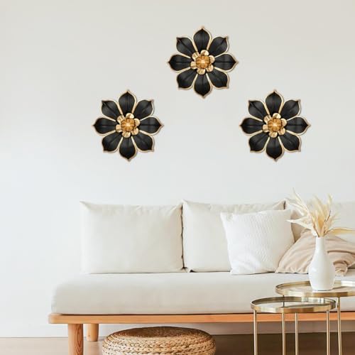 Villa Como Set of 3 Black and Gold Metal Flowers Wall Art Decor 10" - color: # 3 Black and Gold