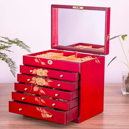 Hand Painted Rose Wood Jewelry Box 6-Layer Lockable Organizer Red