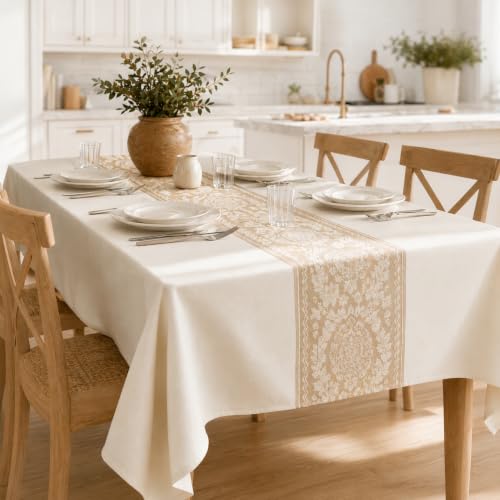 Rectangle Linen Tablecloth Retro Floral Spillproof Cloth 55x102 Inch - color: Beige Hh, size: 55"x102"fits 8-10 seats (table length 78"-84")