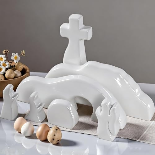 NEROSUN Empty Tomb Easter Scene and Cross Decoration, Ceramic Resurrection Scene Cross Jesus Tomb Decor, Christmas Decoration Jesus Nativity Scene for Religious Home Office Tabletop Christian Gifts - color: Ceramic Empty Tomb