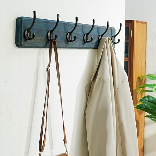 Dseap Coat Rack Wall: 24" Long, Patented, Heavy-Duty, 6-Double-Hooks Wooden Wall Mounted Coat Rack Coat Hanger Hook Rail for Winter Coats Hat Jacket Clothing, Weathered Blue - color: Weathered Blue & Black, size: L=24"(1pcs)