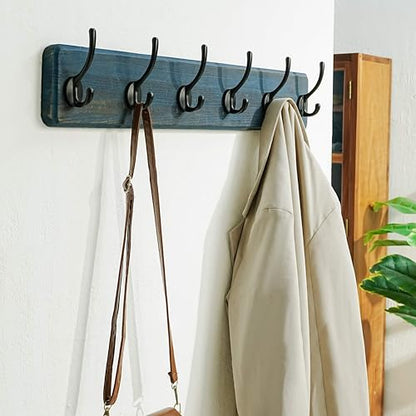 Dseap Coat Rack Wall: 24" Long, Patented, Heavy-Duty, 6-Double-Hooks Wooden Wall Mounted Coat Rack Coat Hanger Hook Rail for Winter Coats Hat Jacket Clothing, Weathered Blue - color: Weathered Blue & Black, size: L=24"(1pcs)