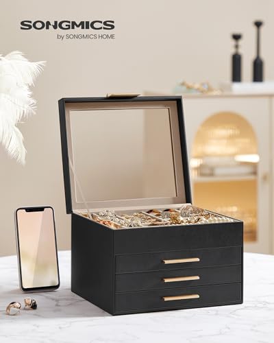 SONGMICS Jewelry Box Organizer, 4-Layer Storage with 3 Drawers, Glass Lid - color: Ink Black + Gold, size: 4 Layer (8"d X 9.1"w)