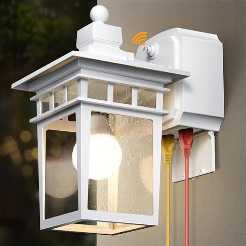 Porch Lights with GFCI Outlet, Dusk to Dawn Outdoor Wall Sconce White | Anti-Rust Waterproof Aluminum Construction,Easy Installation,Tempered Glass & E26 Socket Outside Lights for House Garage - color: White, size: 1-Pack-Dusk to Dawn