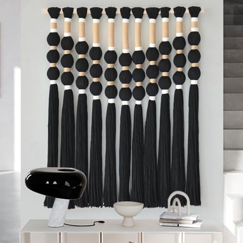 Macrame Wall Hanging Black Knot ball Fiber Wall Art Handmade 27"W*33"L - color: Black