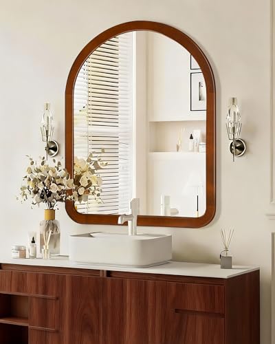 Arched Mirror 30 x 40 Inch,Walnut Brown Wood Rustic Bathroom Tempered Wall Mirror with Wood Frame,Round Corner Arch Farmhouse Wooden Vanity Mirror for Living Room,Entryway or Bedroom - color: Walnut B, size: 40"L x 30"W
