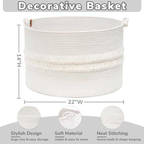 CherryNow 90L Large Woven Rope Blanket Basket with Tassel, 22" x 14", White - color: Off-white, size: 83L (22"W x 14"H)