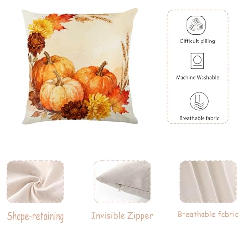 Chrysanthemum Wheat Maple Leaf Wreath Pumpkin Watercolor Throw Pillow Cover 18x18 Inch Set of 2 , Rustic Fall Harvest Farmhouse Linen Square Cushion Case, Thanksgiving Home Sofa Decor Pillowcase - color: Cream Brown