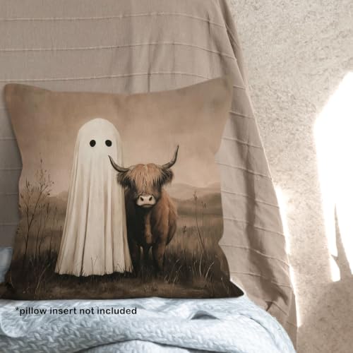Moody Halloween Ghost Western Highland Cow Throw Pillow Cover 18x18 - color: Highland Cow-10