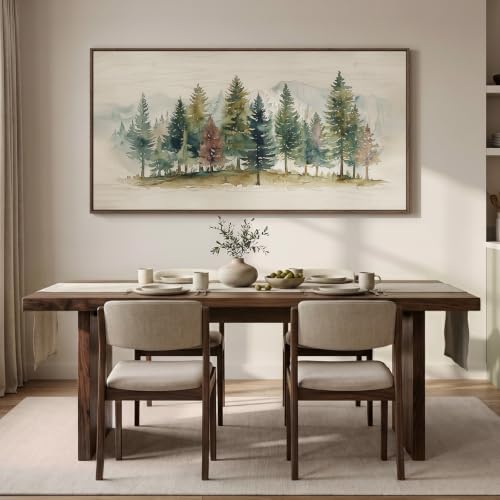 Large Framed Watercolor Pine Tree Forest Wall Art for Living Room, 60x30 In - color: Beige