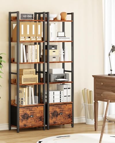 Furologee 6 Tier Bookshelf with Drawer, Tall Narrow Bookcase, Rustic Brown - color: Rustic Brown, size: 6 Tier