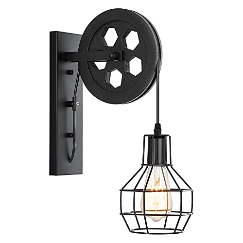 1-Light Rustic Wall Light Lift Pulley with Matte Iron Cage Lampshade Industrial Mid Century Sconce for Indoor Lighting Barn Restaurant (Black Color) - color: Black