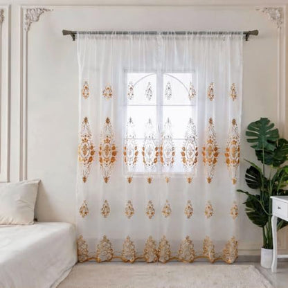 Amidoudou Rod Pocket Curtains European Luxury Sheer Embroidered Window Screening for Living Room Bedroom Tulle Curtains (Gold,52" W x 96" L (Pack of 2)) - color: Gold, size: 52"W x 96"L (Pack of 2)