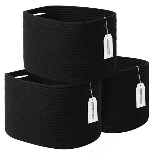 ECDYQXVU 15x10x9 Inch Woven Cotton Rope Storage Basket, Black, 3 Pack - color: Black, size: 3 Pack
