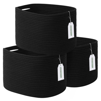 ECDYQXVU 15x10x9 Inch Woven Cotton Rope Storage Basket, Black, 3 Pack - color: Black, size: 3 Pack