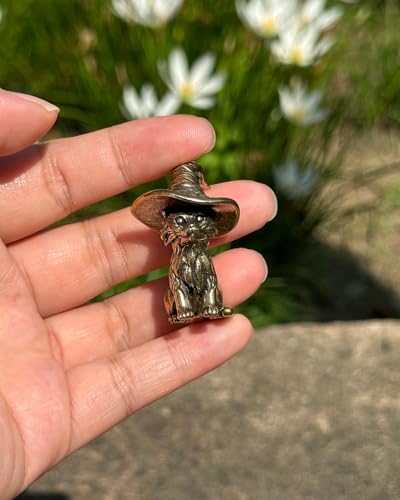 2Pcs Brass Witch Cat Statues, Mini Wizard Hat Figurines for Shelf Desk