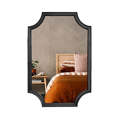 WallBeyond 20" x 30" Full Scalloped Corners Arch Rectangle Wall Mirror with Wood Frame for Entryway, Living Room or Bedroom Home Decor - Light Woodgrain [20" x 30" Black] - color: Black F, size: 30"L x 20"W