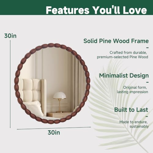 30"x30" Round Solid Wood Farmhouse Decorative Wall Mirror - color: Beaded-walnut Color, size: 30"L x 30"W