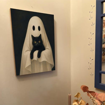 Halloween Wall Art Decor Ghost Holding Black Cat Canvas Print Framed - color: H