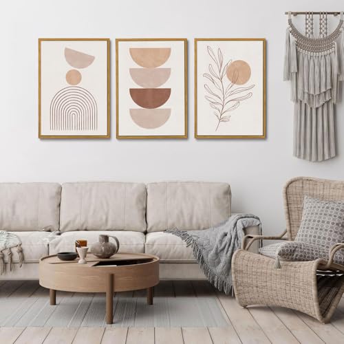 Boho Abstract Line Leaf Framed Canvas Wall Art Set of 3, 16x24 inch - color: Boho Beige, size: 16"x24"Natural