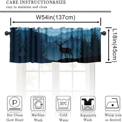 Misty Mountain Deer Valance Curtain, Rustic Retro Blue Foggy Forest Landscape Nature Woodland Wild Animal Deer Print Blackout Window Drape for Kitchen Bedroom, 54x18inch - color: Camo-10