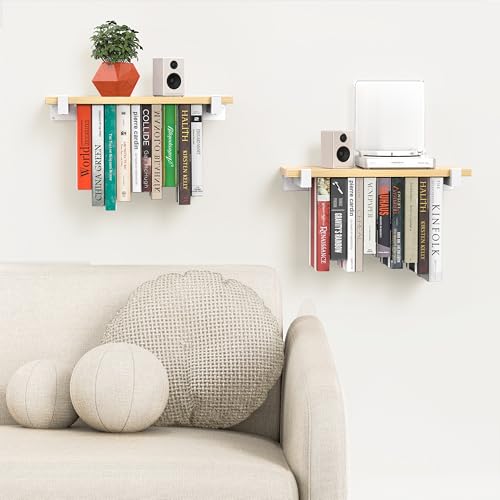NANATI 2 Set of Floating Bookshelf with White Shelf Brackets, Pine Wood Invisible Bookshelf, Hanging Bookshelves for Wall, Unique Space Saving Wall Bookcase, White(16.5L×8.7W×1.5H) - size: 2 Set Pine Wood (White)