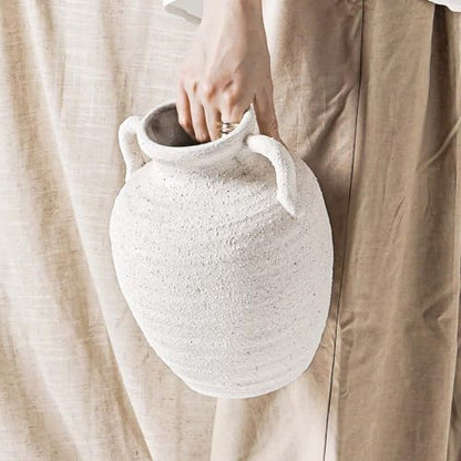 White Ceramic Vase with Handles, 9.5Inch, Farmhouse Rustic, Gritstone White - color: Winnie - Gritstone White, size: M(8.8"-9.8")