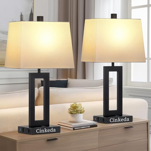 Cinkeda Black Bedside Table Lamp Set of 2,Nightstand Lamps with USB Ports - color: A.White&Black