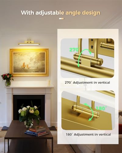 Wireless Rechargeable Picture Light with Remote, 12.6″ Battery Operated Art Gallery Wall Light, Dual 5000mAh Batteries, Dimmable with Timer, Adjustable Design, Electroplated Gold Finish - color: Battery Operated-Brass, size: 12.6 Inch