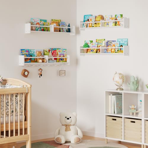 34Inch Nursery Floating bookshelf Coat Rack with 6 Hooks, Set of 4 White - color: White