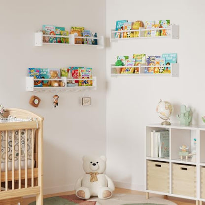 34Inch Nursery Floating bookshelf Coat Rack with 6 Hooks, Set of 4 White - color: White