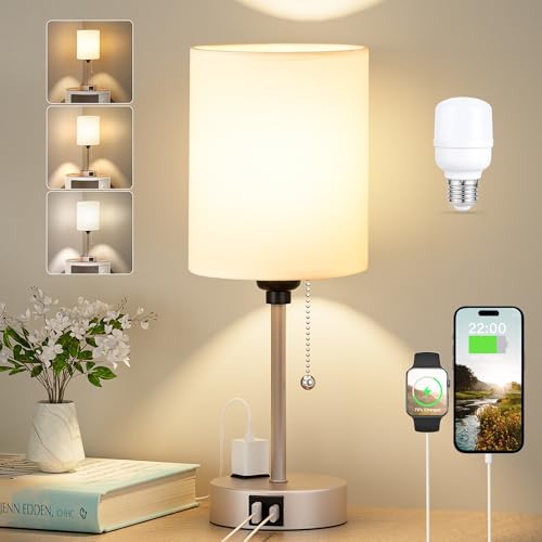 Small Bedside Table Lamp for Bedroom, Desk Lamp with USB Ports for Dorm - color: White - Light Gold, size: 14.6 in