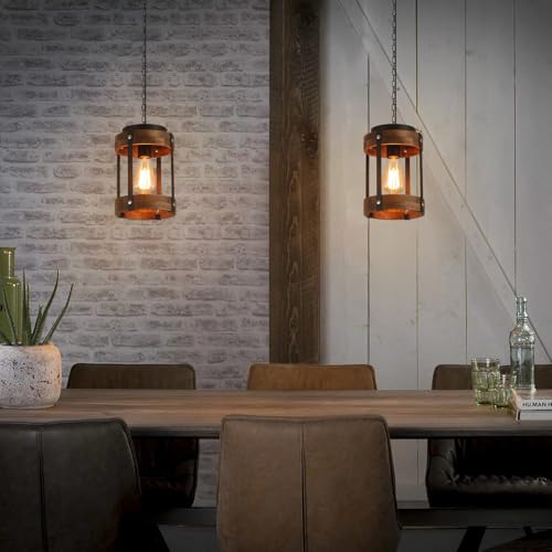 Rustic Farmhouse Wood Pendant Light Fixture One-Light Adjustable Chain Oak Wood and Metal Lantern Drum Small Pendant Lighting for Kitchen Island Sink Hallway Farmhouse Bathroom Bar, Black - size: Small pendant light 1 pack