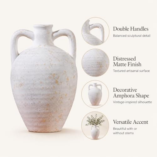 UPWOIGH 11.8in Ceramic Flower Vase with Handles - color: Off-white, size: 11.8''