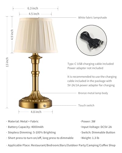 KDG Gold Cordless Table Lamps Set of 2, Beige Fabric Shade Small Desk Lamp - color: Gold + White Lampshde (2 Pack)