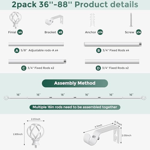 2 Pack White Curtain Rod 36-88 Inch, Adjustable Curtain Rods for Windows - color: White, size: 36"-88"|2 Pack