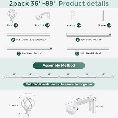 2 Pack White Curtain Rod 36-88 Inch, Adjustable Curtain Rods for Windows - color: White, size: 36"-88"|2 Pack