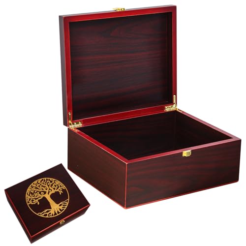 Tree of Life Red Wooden Keepsake Box - Large Decorative Storage Box with Lid