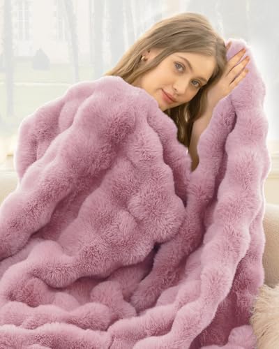 Ultra Soft Cozy Faux Fur Throw Blanket, Fuzzy Plush Thick Bubble Blanket, Oversize Luxury Fluffy Blanket for Couch, Sofa, Bedroom, and Living Room,50x60 Inches,Pink - color: Pink, size: Throw(50" X 60")
