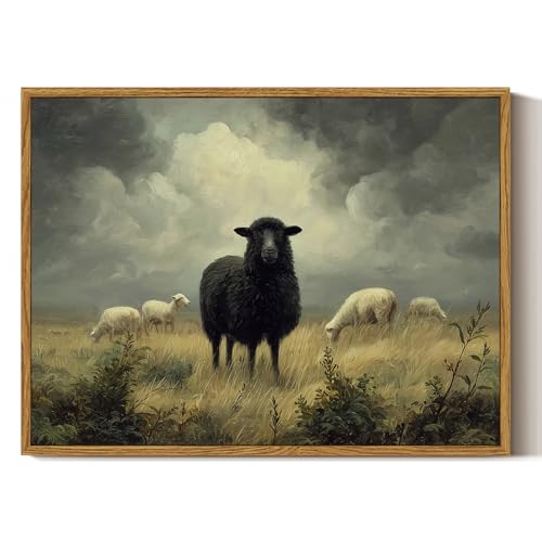 ARPEOTCY Vintage Framed Canvas Wall Art, 12x16inch, Farmhouse Black Sheep Wall Decor, Country Art Prints Home Decorations, Cottagecore Paintings for Living Room Bedroom Office Decor - color: Black Goat, size: 16"L x 12"W