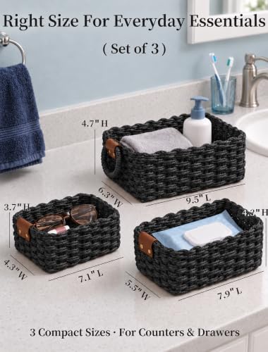 Small Wicker Baskets, 3 PCS Paper Rope Baskets for Shelves, Black - color: Black