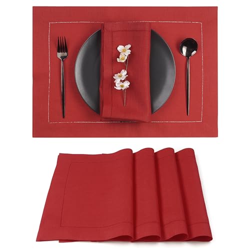 Signature Linen™ by D'Moksha, Bright Red Placemats Set of 4, 14 x 19 Inch, 100% Pure Linen Table Mats, Hemstitch, Machine Washable Cloth Placemats- Fall, Weddings, Outdoor Hosting - color: Bright Red, size: Set of 4 (14 X 19 Inch)