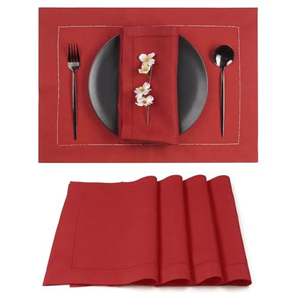 Signature Linen™ by D'Moksha, Bright Red Placemats Set of 4, 14 x 19 Inch, 100% Pure Linen Table Mats, Hemstitch, Machine Washable Cloth Placemats- Fall, Weddings, Outdoor Hosting - color: Bright Red, size: Set of 4 (14 X 19 Inch)