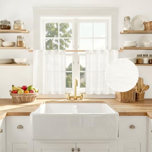 LAMIT Semi Sheer Linen Curtains for Cafe 2 Panels Set, 34 x 24 Inch - color: Natural, size: 34"W x 24"L (Pack of 2)