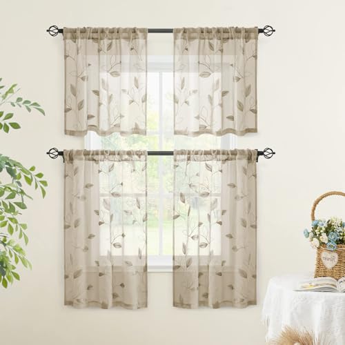 HOMEIDEAS Taupe Kitchen Sheer Tier Curtains Leaf Embroidered, 30x36 - color: 2-taupe/Beige, size: 30"W x 36"L (Pack of 2)