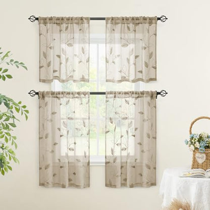 HOMEIDEAS Taupe Kitchen Sheer Tier Curtains Leaf Embroidered, 30x36 - color: 2-taupe/Beige, size: 30"W x 36"L (Pack of 2)