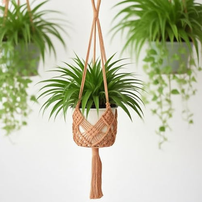2 Pack Macrame Hanging Planters, Caramel - color: Caramel