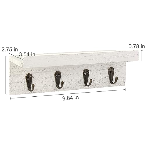 Key Holder Wall Mount, Farmhouse Wall Shelf with 4 Hooks for Entryway - color: White