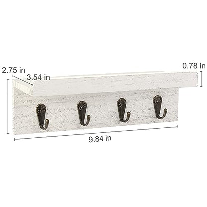 Key Holder Wall Mount, Farmhouse Wall Shelf with 4 Hooks for Entryway - color: White