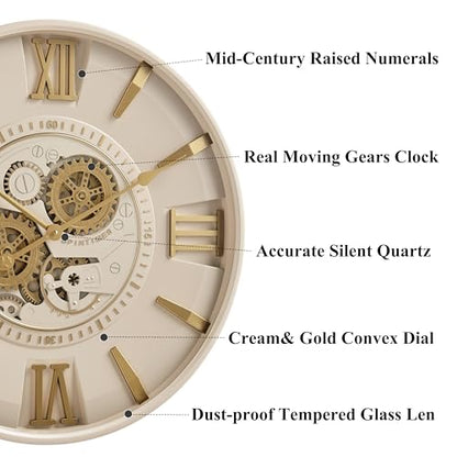 CLXEAST Mid Century Modern 24 Inch Moving Gear Walll Clock, Ivory &Gold - color: Modern Cream and Gold, size: 24 Inch